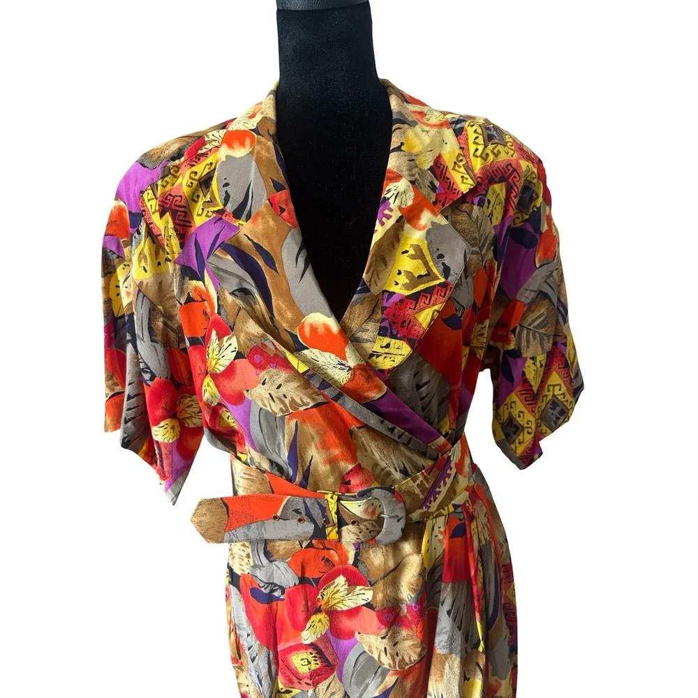 Vintage 100% Silk Tropical Floral Geometric Belted Wrap Midi‎ Dress Multicolor